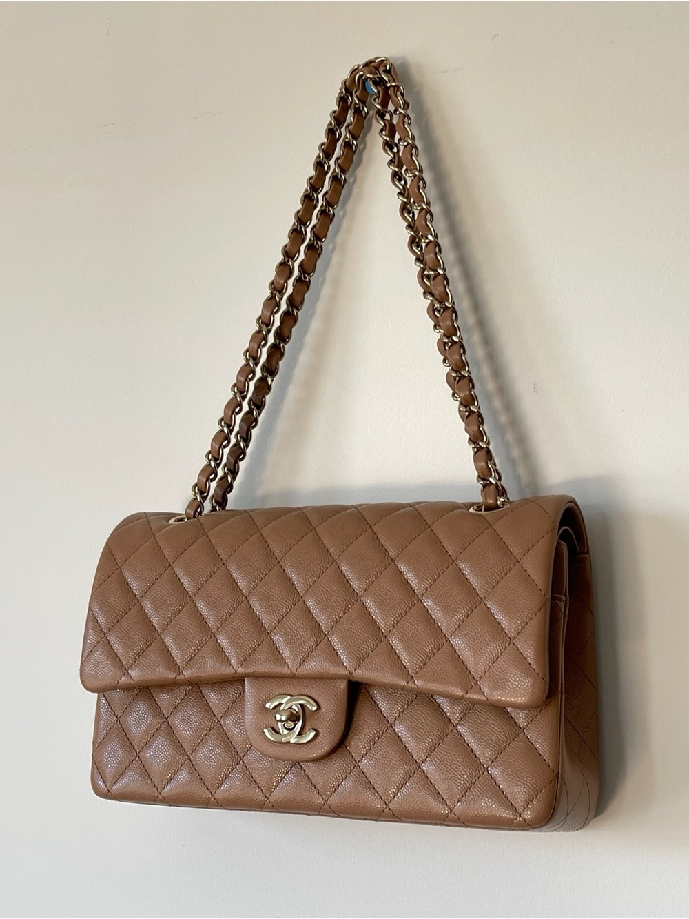 CHANEL Quilted Shoulder Bag in Light Brown with Gold Hardware